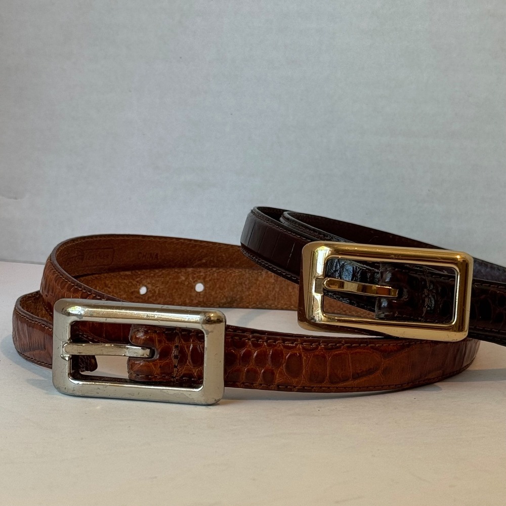 Fossil Croc Embossed Belts Womens Large Brown Set of 2 Good Skinny Leather - Picture 4 of 10
